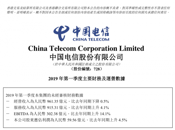 中国电信2019Q1财报