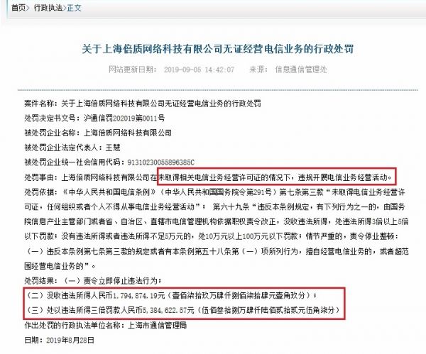 上海倍质网络科技有限公司行政处罚